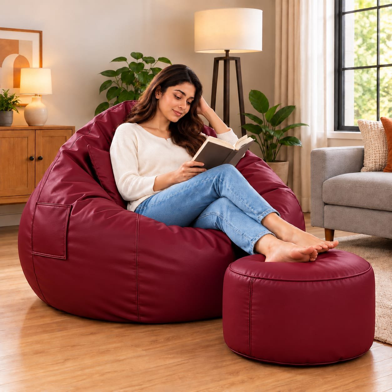 Premium Maroon Bean Bag Cover 3 Piece Set – Cover, Stool & Cushion | 2XL, 3XL & 4XL