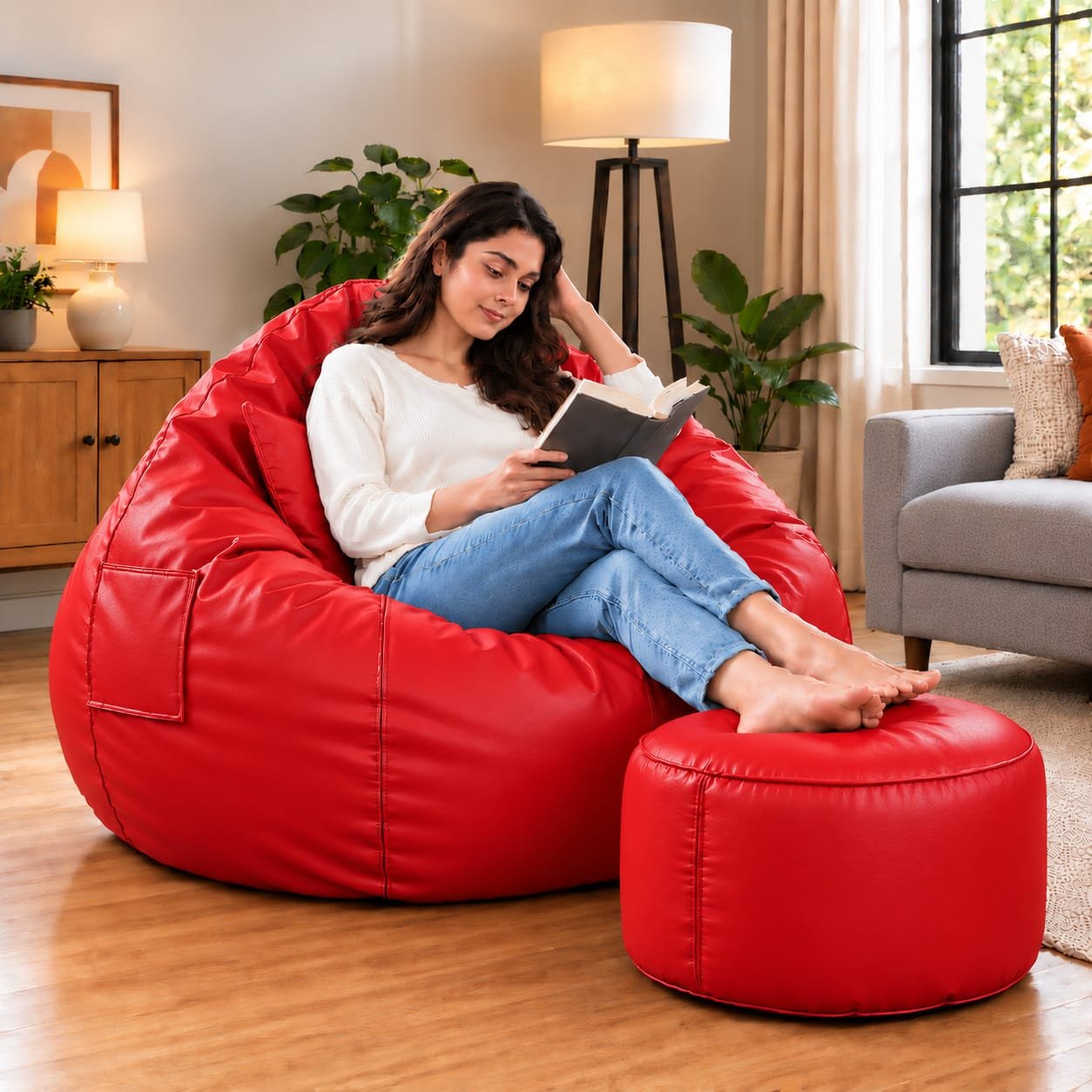 Premium Red Bean Bag Cover 3 Piece Set – Cover, Stool & Cushion | 2XL, 3XL & 4XL